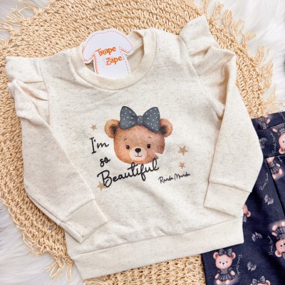 Conj. Blusa Moletom de Linho I'm So Beautiful e Calça Ursinhas - Areia e Preto